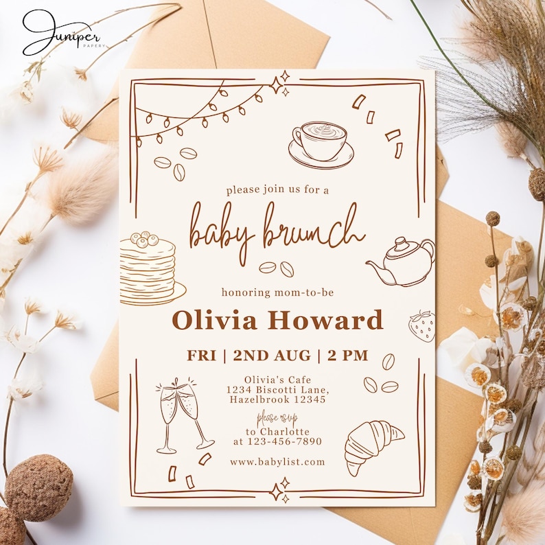 Handdrawn Pancakes & Coffee Baby Brunch Invitation, Pastry Breakfast Baby Shower Invite, Gender Neutral Baby Shower Brunch Invitation