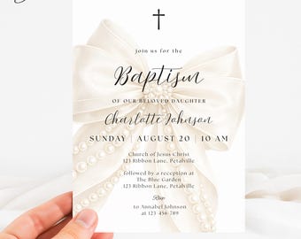 White Pearl Bow Baptism Invitation, Ivory Ribbon Pearls Invite, Baby Girl Christening Card, White Bow Invite Template, Baby Baptism Card