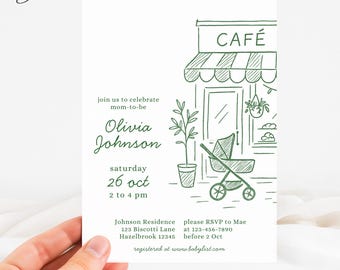 Handdrawn Cafe Bebe Shower Invitation, Cafe Line Art Baby Shower Invite, Coffee Shop Baby Shower Invite, Breakfast Baby Shower Invite