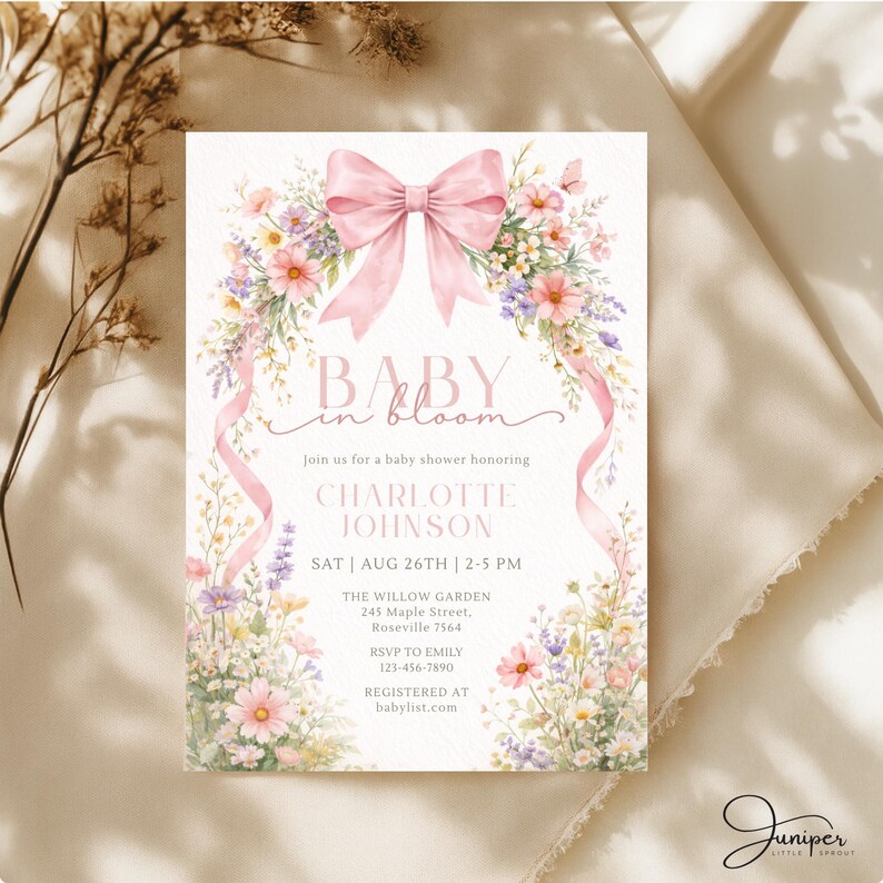Baby in Bloom Baby Shower Invite, Wildflower Invite, Girl Baby Shower Invite, Pink Bow Baby in Bloom Invite, Spring Flowers Baby Shower