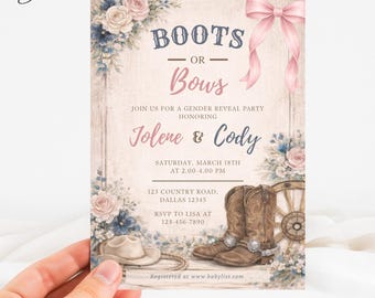 Boots or Bows Gender Reveal Invitation, Cowboy Western Baby Shower Card, Cowgirl or Cowboy Invite, Boy or Girl Country Party Template