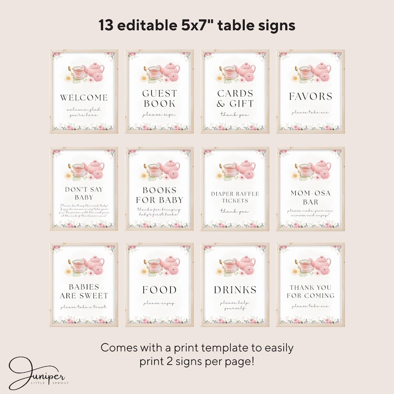 Editable A Baby Is Brewing Baby Shower Bundle, Pink Floral Tea Party Baby Shower, Tea Party Books & Diaper Raffle, Whimsical Tea Invite Set