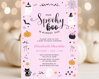 Halloween babyshower uitnodiging, griezelige uitnodiging, spookachtige babyshower uitnodiging, roze Halloween uitnodiging, spook- en pompoen babyshower thema
