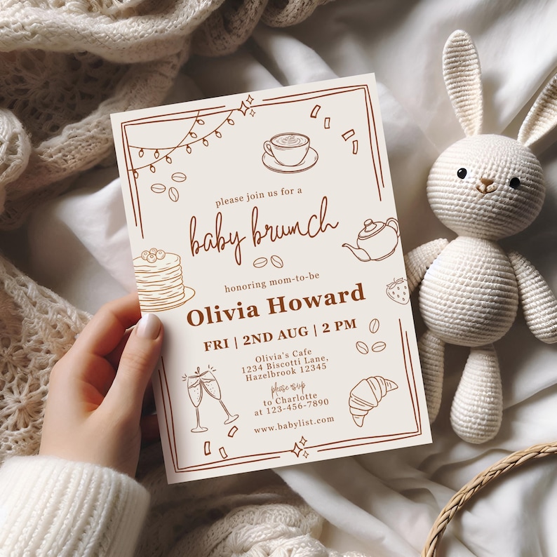 Handdrawn Pancakes & Coffee Baby Brunch Invitation, Pastry Breakfast Baby Shower Invite, Gender Neutral Baby Shower Brunch Invitation