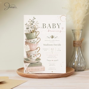 A Baby Is Brewing Tea Party Baby Shower Invitation, Vintage Teacup Floral Invite, Tea For Two Shower, Whimsical Garden Tea Baby Shower