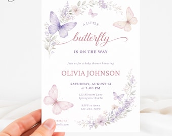 Our Little Butterfly Baby Shower Invitation, Purple Butterfly Invite, Spring Garden Party Template, Butterfly Wildflower Baby Shower Card