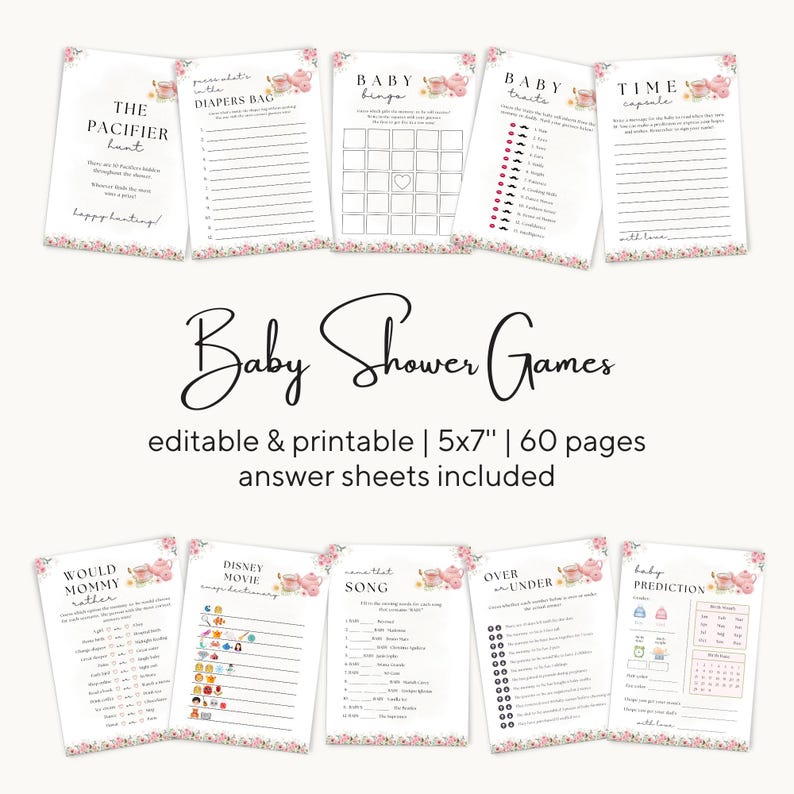 Editable A Baby Is Brewing Baby Shower Games, Tea Party Baby Shower, Pink Floral Baby Shower, Whimsical Tea Games & Answer Baby Shower Set