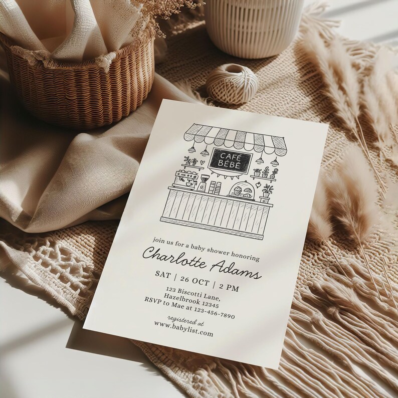 Cafe Bebe Baby Shower Bundle, Coffee Baby Shower Invitation Set, Café Baby Raffle & Thank You Cards, Coffee Bean Invite, French Cafe Invite