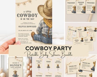 A Little Cowboy Is On The Way Baby Shower Bundle, Editable Rustic Cowboy Baby Shower Templates, Cumstom Rodeo Wild West Baby Shower Card Set