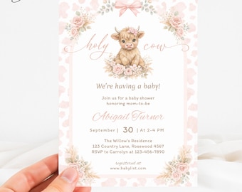 Invitación para baby shower de vaca de las Tierras Altas, invitación para baby shower de vaca sagrada, invitación para baby shower de vaquera, invitación de animal de granja, invitación de vaca escocesa