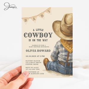 May include: A baby shower invitation featuring a watercolor illustration of a baby dressed as a cowboy. The invitation includes the text "A Little Cowboy is on the Way" and event details.