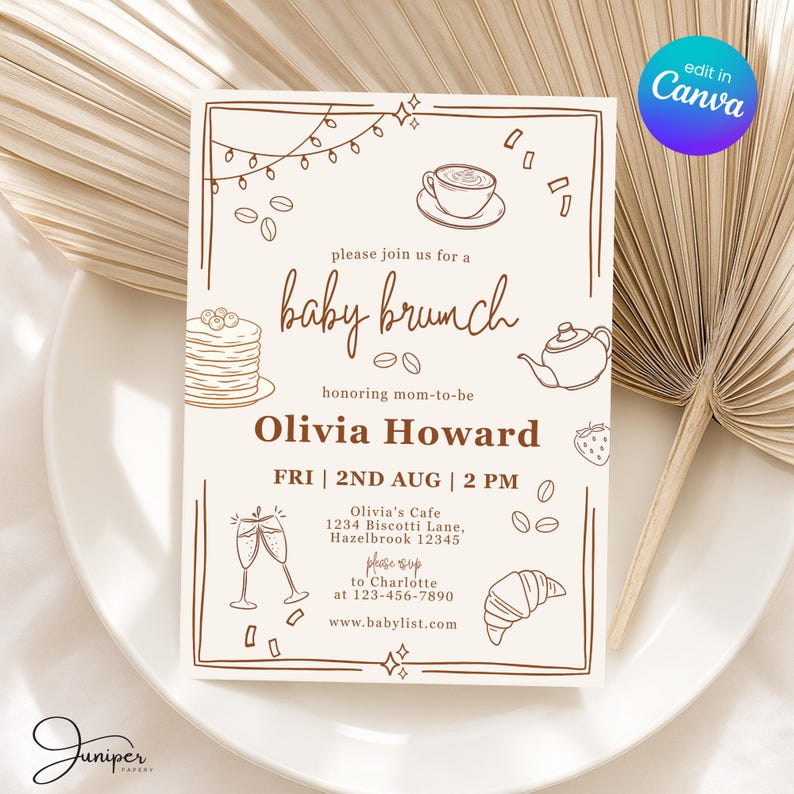 Handdrawn Pancakes & Coffee Baby Brunch Invitation, Pastry Breakfast Baby Shower Invite, Gender Neutral Baby Shower Brunch Invitation