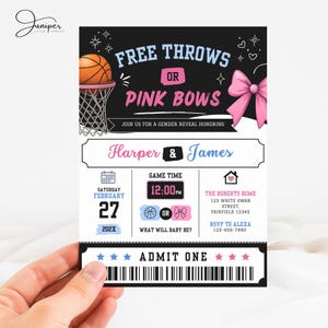 May include: A gender reveal invitation with a basketball theme. The invitation features the text "Free Throws or Pink Bows" with details for a party on February 27th. The invitation includes a basketball, a pink bow, and the names Harper & James.
