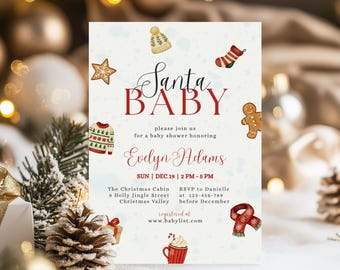 Peut inclure: Une invitation de baby shower sur le thème de Noël avec les mots "Santa BABY" en script rouge. L'invitation comprend des illustrations d'un bonhomme en pain d'épices, d'un pull et d'autres éléments festifs. L'invitation est pour Evelyn Adams.