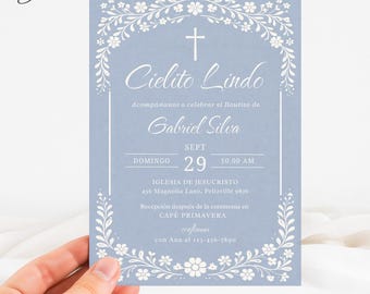 Spanish Cielito Lindo Bautizo Invitation, Blue Floral Spanish Baptism Invite, Mexican Catholic Baptism Invite, Cielito Lindo Theme
