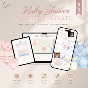 Könnte beinhalten: Eine digitale Babyparty-Website-Vorlage auf Laptop, Tablet und Smartphone. Die Bildschirme zeigen Einladungsdesigns mit Illustrationen von rosa und blauer Babykleidung, RSVP-Formularen und Text, einschließlich Baby Shower Website Template.