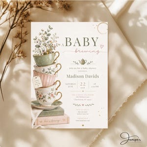 A Baby Is Brewing Tea Party Baby Shower Invitation, Vintage Teacup Floral Invite, Tea For Two Shower, Whimsical Garden Tea Baby Shower