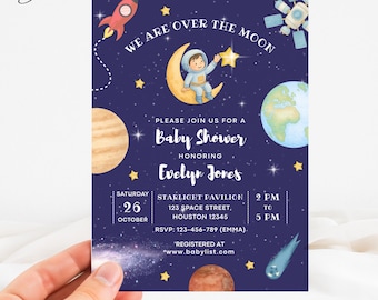 We Are Over The Moon Baby Shower Invitation, Space Boy Baby Shower Invite, Outer Space Baby Boy Card, Galaxy Baby Shower Template