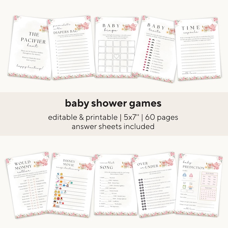 Editable A Baby Is Brewing Baby Shower Bundle, Pink Floral Tea Party Baby Shower, Tea Time Books & Diaper Raffle, Whimsical Tea Shower Set