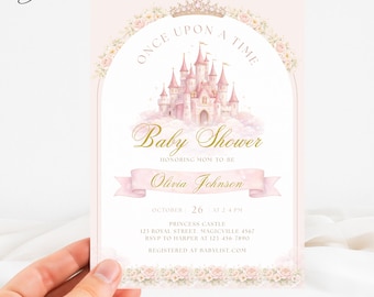 Once Upon A Time Princess Baby Shower Invitation, Royal Castle Baby Shower Card, Floral Fairytale Invite Template, Pink Princess Invitation