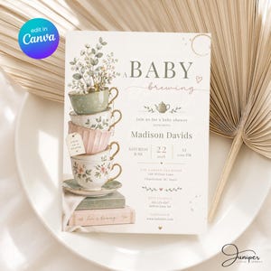 A Baby Is Brewing Tea Party Baby Shower Invitation, Vintage Teacup Floral Invite, Tea For Two Shower, Whimsical Garden Tea Baby Shower