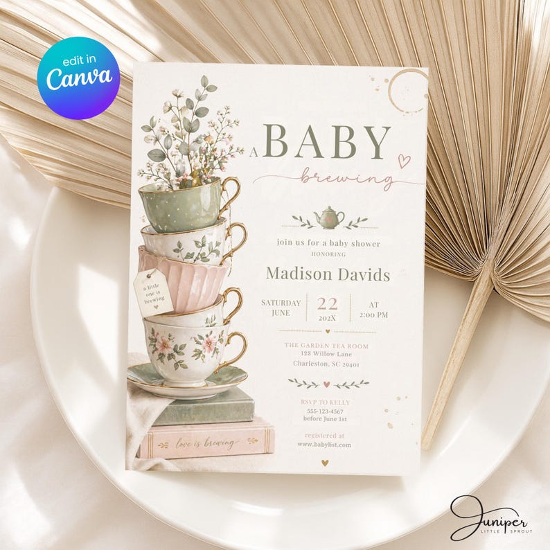 A Baby Is Brewing Tea Party Baby Shower Invitation, Vintage Teacup Floral Invite, Tea For Two Shower, Whimsical Garden Tea Baby Shower