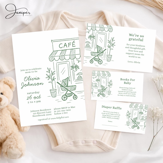 Cafe Baby Shower Bundle, Coffee Baby Shower Invitation Set, Cafe Bebe Baby Shower Bundle, Coffee Bean Invite, French Cafe Invite