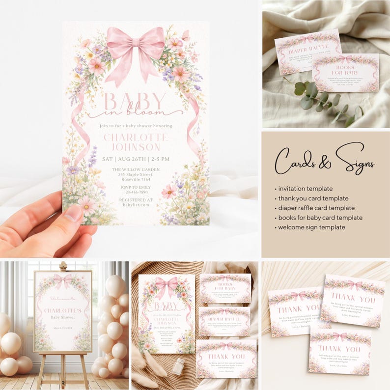 Baby in Bloom Baby Shower Bundle, Wildflower Baby Shower Decorations, Spring Garden Baby Shower Cards, Custom Flower Baby Shower Party Set