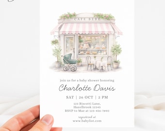 Pink Cafe Bebe Shower Invitation, Coffee Shop Baby Shower Invite, French Cafe Baby Shower Invite, Baby Brunch Invite, Baby Is Brewing Invite