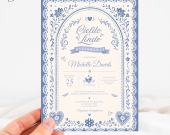 Invitación al baby shower de Cielito Lindo, invitación a la fiesta mexicana azul, tarjeta de baby shower floral de Talavera, plantilla de fiesta de papel picado español