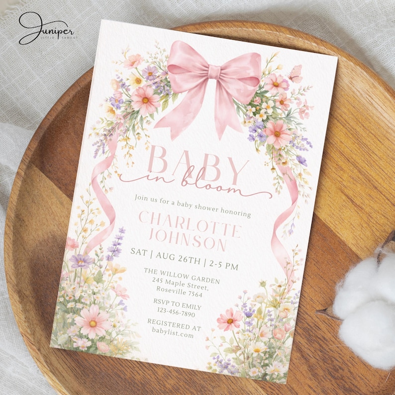 Baby in Bloom Baby Shower Invite, Wildflower Invite, Girl Baby Shower Invite, Pink Bow Baby in Bloom Invite, Spring Flowers Baby Shower