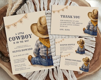 Little Cowboy On The Way Baby Shower Cards Bundle: Wild West Baby Invite, Western Thank You Card & Cowboy Rodeo Baby Shower Cards