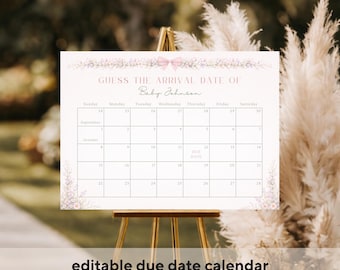 Baby In Bloom Shower Due Date Calendar, Wild Flower Arrival Guess Sign, Spring Garden Baby Shower Calendar Decor, Floral Baby Shower Poster