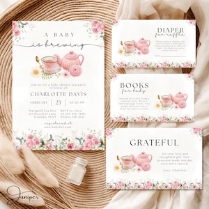 Editable A Baby Is Brewing Baby Shower Bundle, Pink Floral Tea Party Baby Shower, Tea Time Books & Diaper Raffle, Whimsical Tea Shower Set
