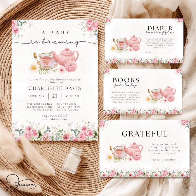 Editable A Baby Is Brewing Baby Shower Bundle, Pink Floral Tea Party Baby Shower, Tea Time Books & Diaper Raffle, Whimsical Tea Shower Set