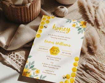 Invito per baby shower "Un piccolo miele in arrivo", invito "Mamma ape" con fiori e api, invito baby shower a tema ape, invito "Piccolo miele".