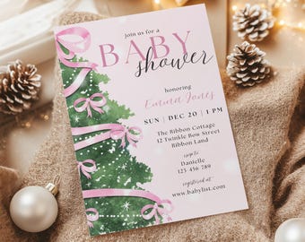 May include: A pink baby shower invitation with a Christmas tree design. The invitation features pink ribbons and bows, with text that reads "Baby Shower" and details for the event, including the date, time, and location.