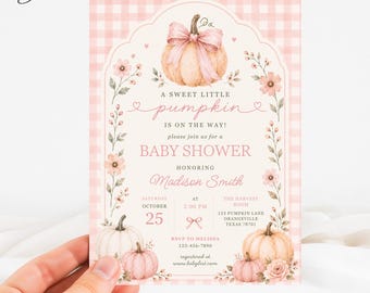 Babyshower uitnodiging met pompoenmotief, roze geruite pompoen uitnodiging, babyshowerkaart met roze strik en bloemen, thema voor een lieflijk herfsttuinfeest