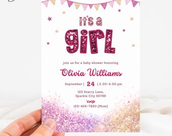 It’s a Girl Baby Shower Invitation, Pink Sequin Letters Baby Shower Template, Glitter Baby Girl Invite, Gender Reveal Girl Baby Shower Card