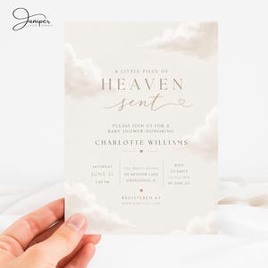 Puede incluir: Una tarjeta de invitación rectangular para baby shower con un fondo beige suave y nubes estilo acuarela. El texto dice A LITTLE PIECE OF HEAVEN SENT, PLEASE JOIN US FOR A BABY SHOWER HONORING CHARLOTTE WILLIAMS, SATURDAY JUNE 21 2:00 PM.