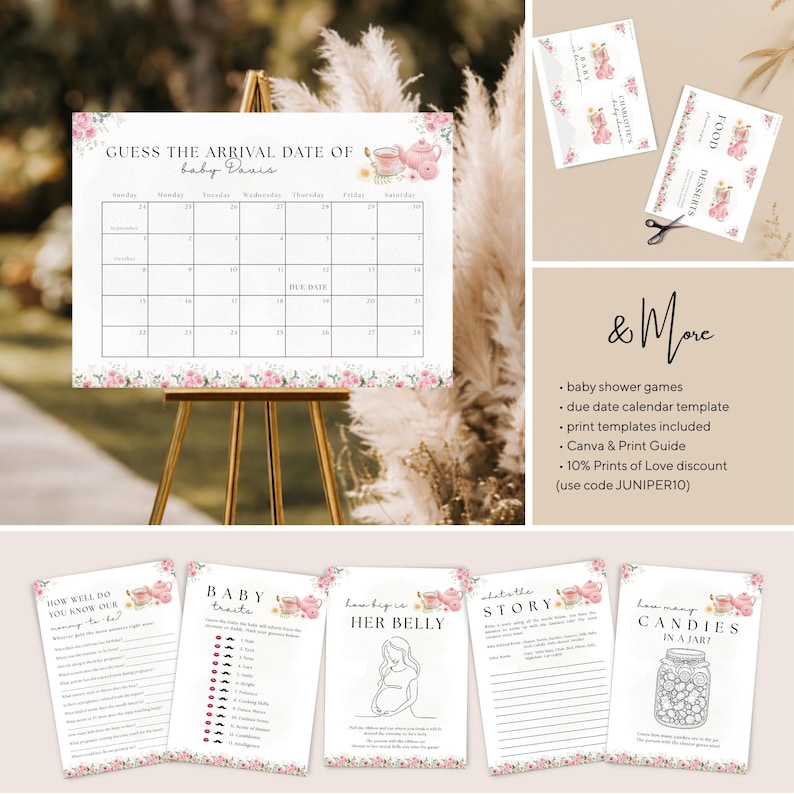 Editable A Baby Is Brewing Baby Shower Bundle, Pink Floral Tea Party Baby Shower, Tea Time Books & Diaper Raffle, Whimsical Tea Shower Set