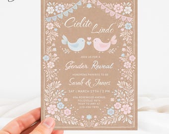 Invitación de revelación de género de Cielito Lindo, plantilla de fiesta de revelación de género de Talavera, invitación mexicana de revelación de él o ella, tarjeta floral Papel Picado