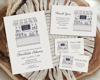 Paquete para baby shower de Cafe Bebe, juego de invitaciones para baby shower con temática de café, rifa y tarjetas de agradecimiento de Café Baby, invitación con diseño de grano de café, invitación de café francés.