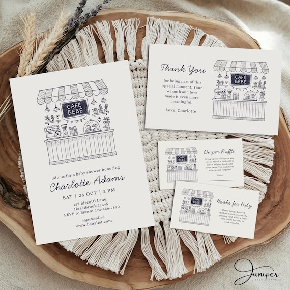 Cafe Bebe Baby Shower Bundle, Coffee Baby Shower Invitation Set, Café Baby Raffle & Thank You Cards, Coffee Bean Invite, French Cafe Invite