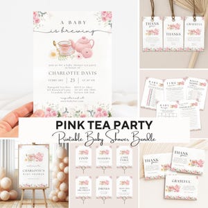 Paquete editable para baby shower "Un bebé se está gestando", baby shower con té floral rosa, libros para la fiesta del té y rifa de pañales, set de invitaciones para el té con toques caprichosos