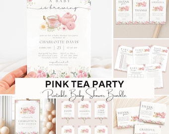 Bewerkbaar A Baby Is Brewing babyshowerbundel, roze bloemen theekransje babyshower, theekransje boeken en luierloterij, grillige thee-uitnodigingsset