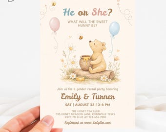 He or She Gender Reveal Invitation, Classic Winnie the Pooh Gender Reveal, Honey Bear Balloon Gender Reveal Invite, Classic Pooh Baby Reveal