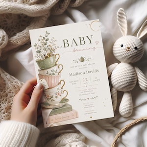 A Baby Is Brewing Tea Party Baby Shower Invitation, Vintage Teacup Floral Invite, Tea For Two Shower, Whimsical Garden Tea Baby Shower