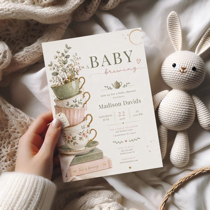 A Baby Is Brewing Tea Party Baby Shower Invitation, Vintage Teacup Floral Invite, Tea For Two Shower, Whimsical Garden Tea Baby Shower