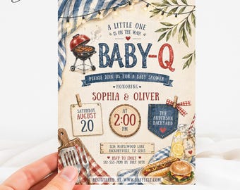 Barbecue Baby Shower Invitation, Baby-Q Outdoor Grill Invite, Backyard Baby Shower Card, Summer Party Template, Burger on the Grill Invite